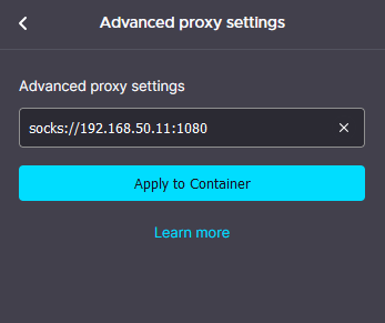 Firefox Multi-Account Container dialog showing the advanced proxy settings