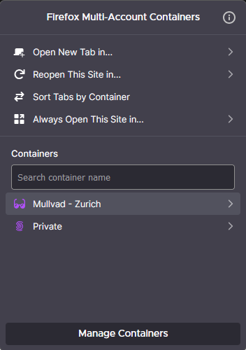 Firefox Multi-Account Container dialog showing the list of containers