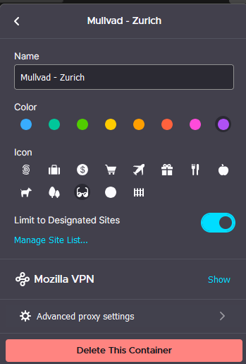 Firefox Multi-Account Container dialog showing the options of a container