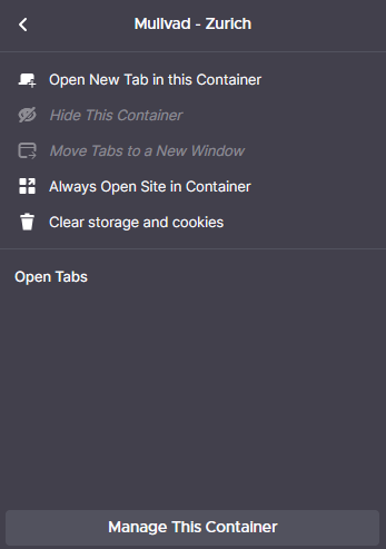 Firefox Multi-Account Container dialog showing the details of a container