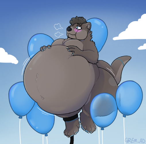Cooper floating high in the sky surrounded by balloons with an overinflated belly, a rope tied around his ankle stopping him floating higher.
